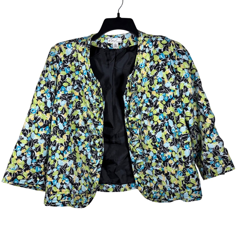 Kim Rogers 100% Linen Floral Ruffle Open Front Jacket Cropped Blazer Green L